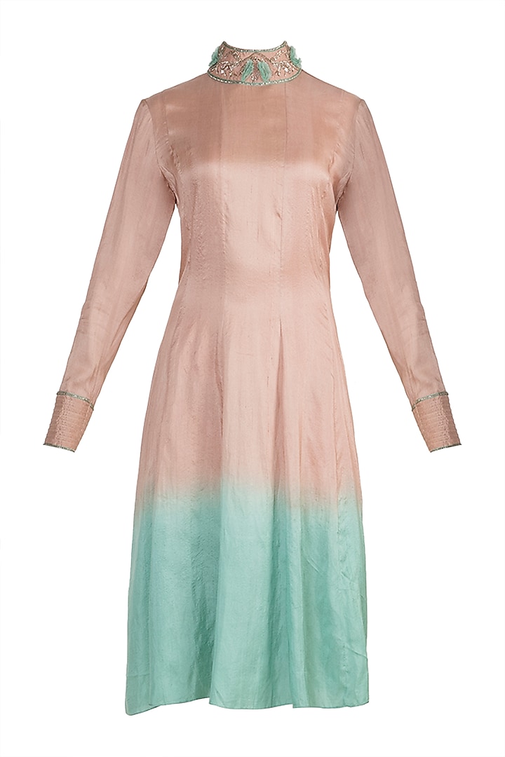 Nude To Green Dip Dyed Embroidered Tunic by Adah
