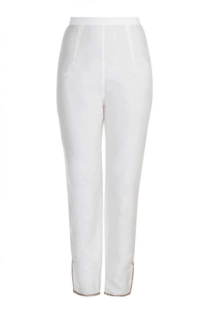 Off White Embroidered Fitted Pants by Adah