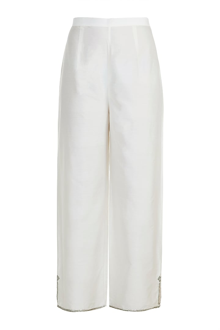 Off White Embroidered Parallel Pants by Adah