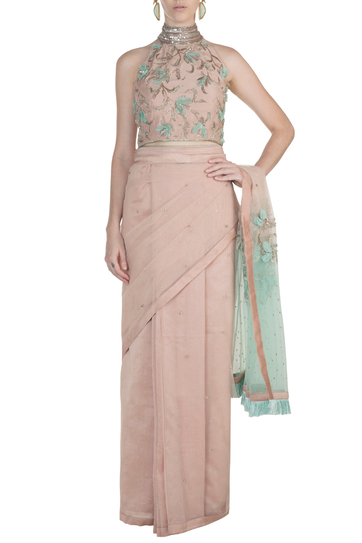 Nude Embroidered Half & Half Saree Set