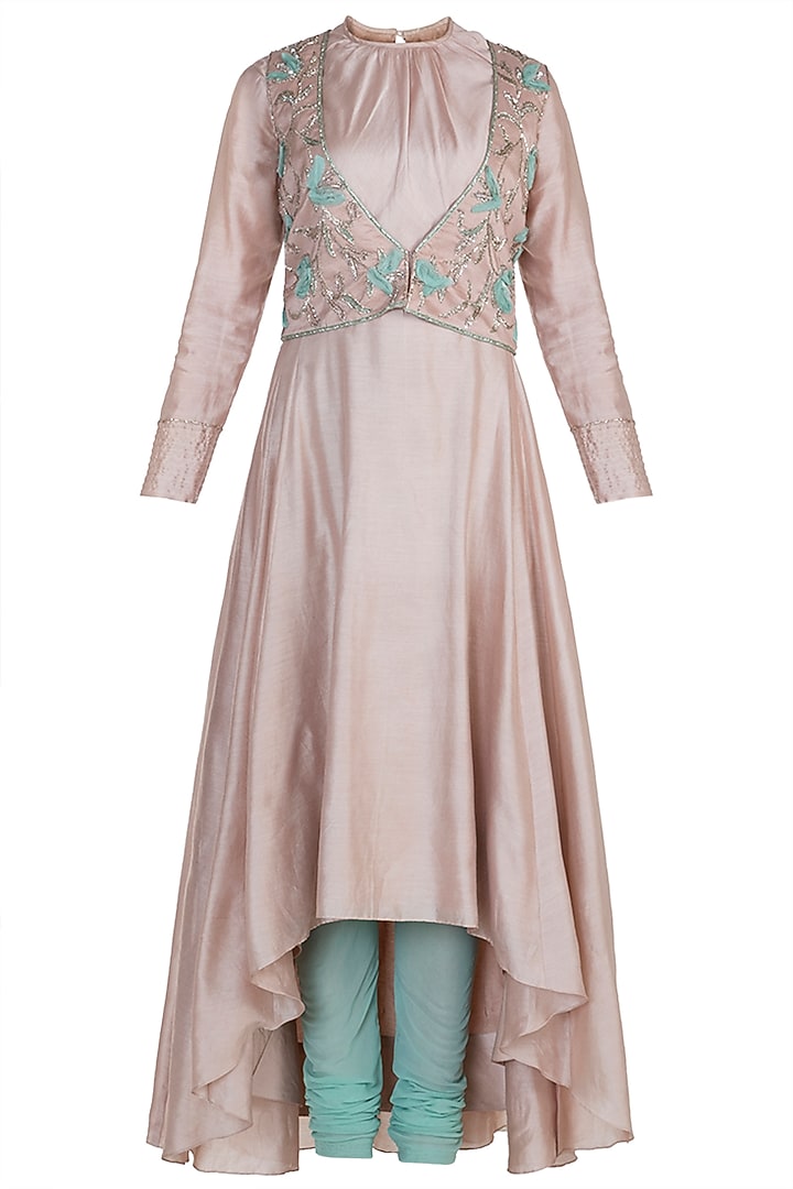 Nude Embroidered Wedding Anarkali Kurta With Jacket & Churidar Pants by Adah at Pernia's Pop Up Shop