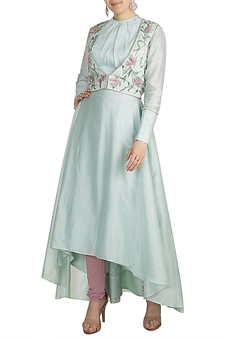 Blue Embroidered Anarkali Kurta With Jacket & Churidar Pants by Adah