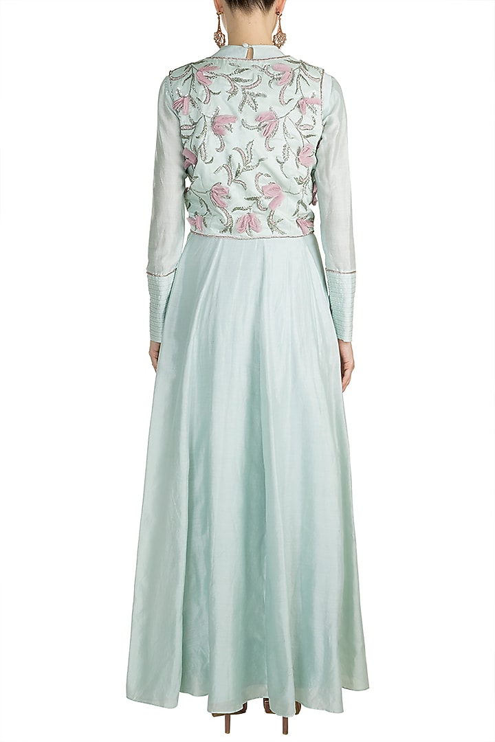 Blue Embroidered Wedding Anarkali Kurta With Jacket & Churidar Pants by Adah at Pernia's Pop Up Shop