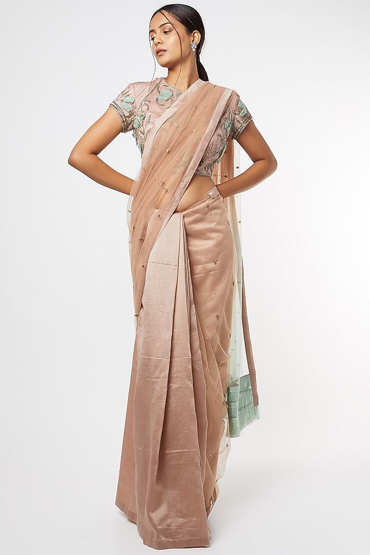 Nude & Sea Green Hand Embroidered Wedding Saree Set by Adah at Pernia's Pop Up Shop