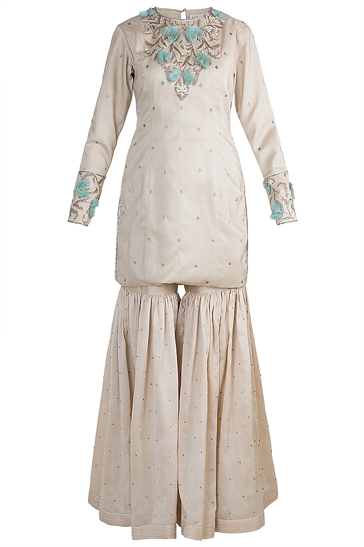 Beige Embroidered Sharara Set by Adah
