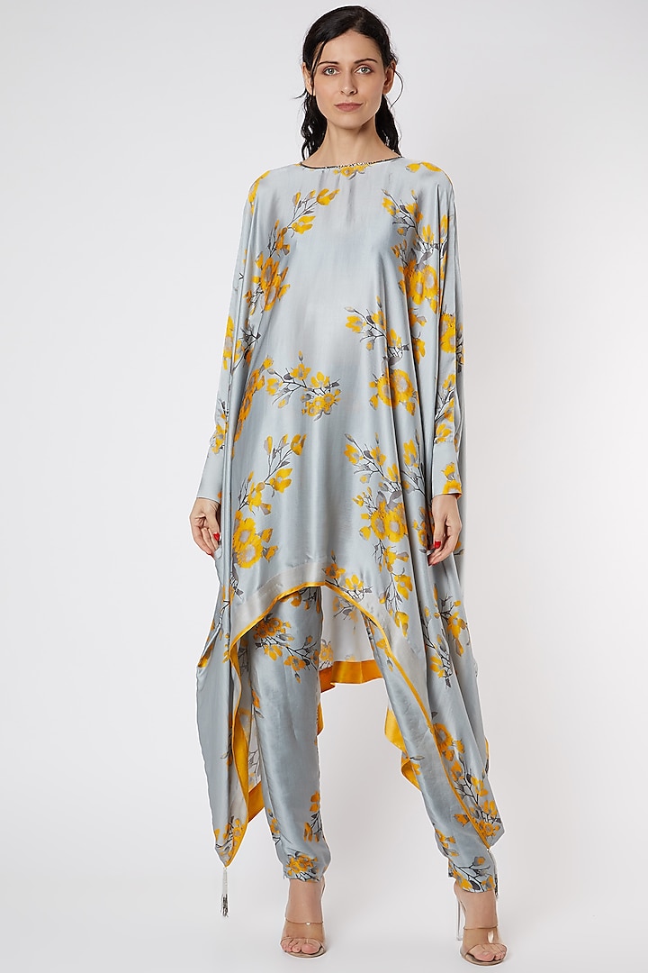 Grey & Yellow Printed High-Low Tunic by Adah