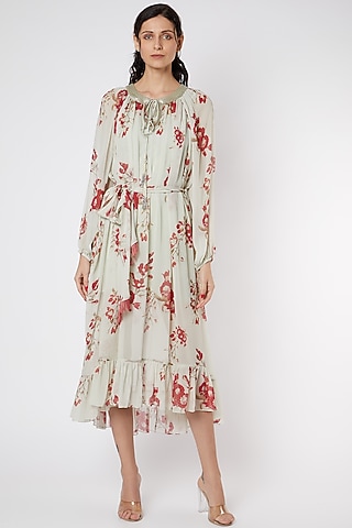 Mint Green & Red Printed Dress by Adah