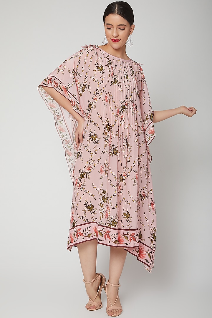 Baby Pink Printed & Embroidered Kaftan Tunic by Adah