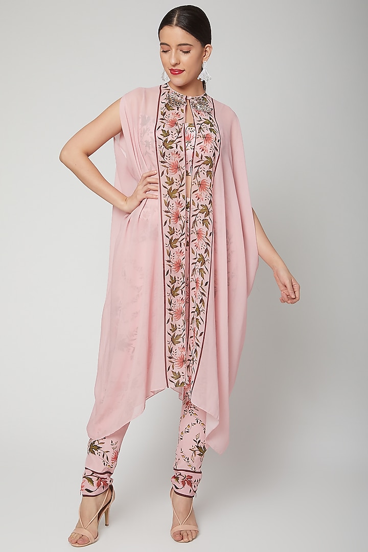 Baby Pink Printed & Embroidered Cape Set by Adah