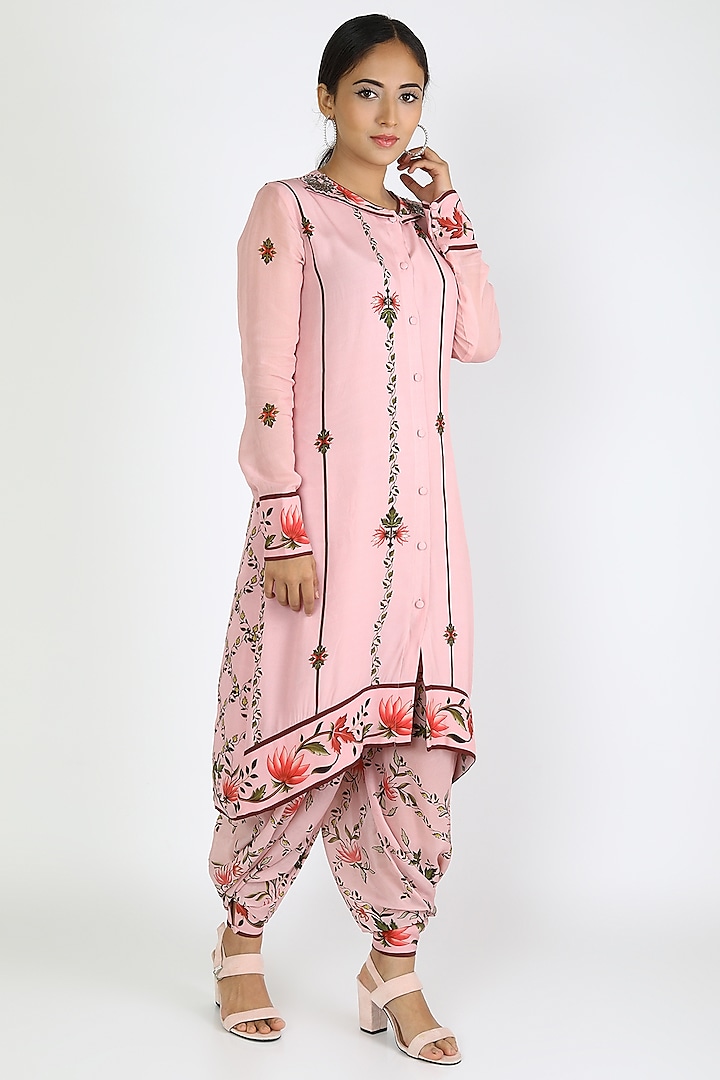 Blush Pink Printed Tunic With Dhoti Pants by Adah