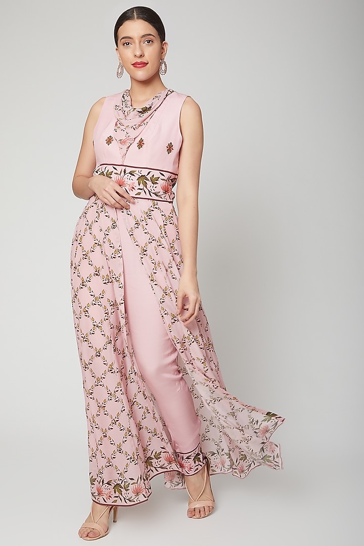 Baby Pink Printed Anarkali With Pants by Adah