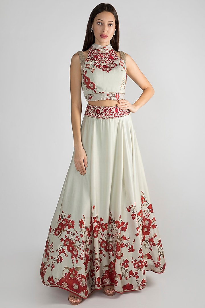 Mint Green Floral Printed Lehenga Skirt With Crop Top by Adah