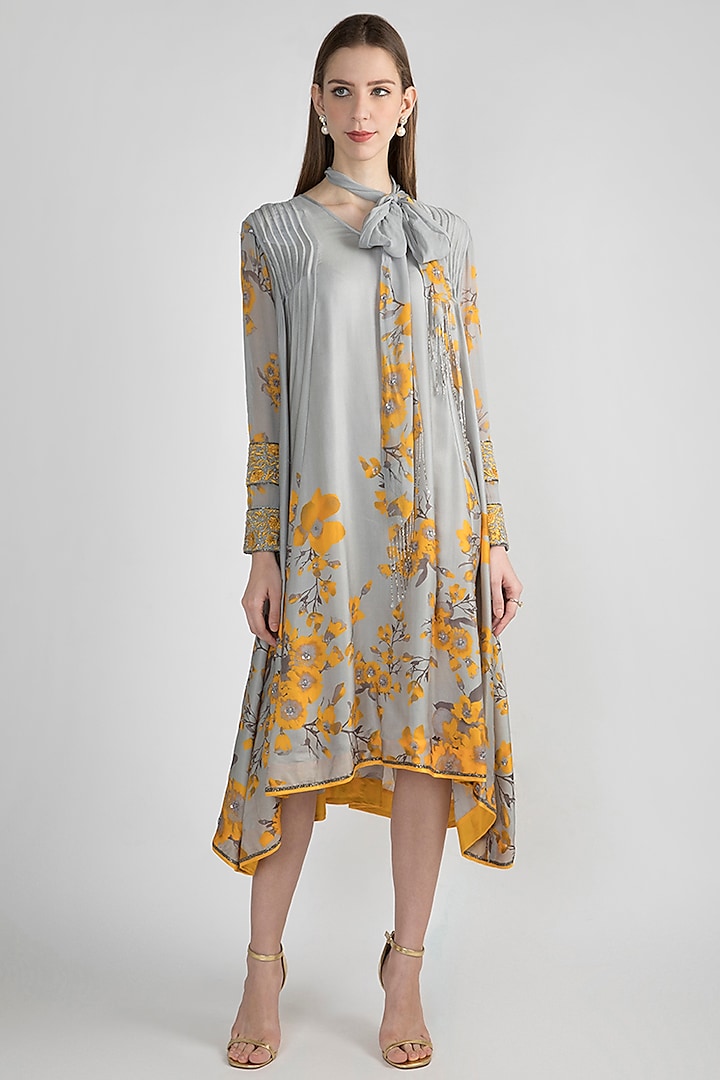 Grey Printed Tunic With Tie-Up by Adah