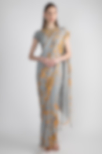 Grey Printed & Embroidered Saree Set by Adah