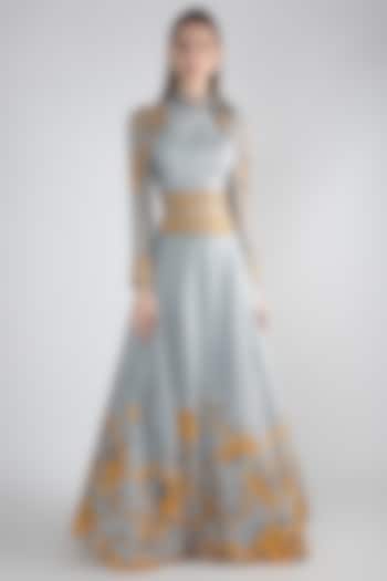 Grey Printed Lehenga Skirt With Crop Top by Adah