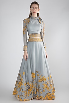 Grey Printed Lehenga Skirt With Crop Top by Adah