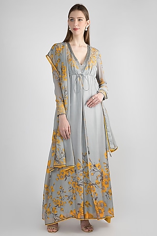 Grey & Yellow Printed Anarkali Set by Adah