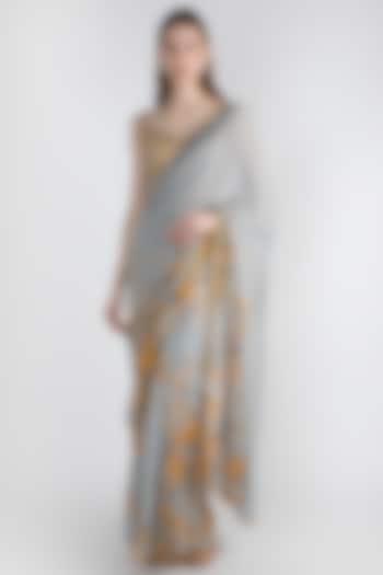 Grey Printed Saree Set by Adah