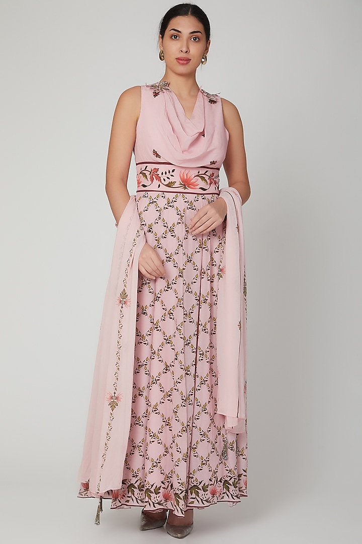 Blush Pink Embroidered Anarkali Set by Adah