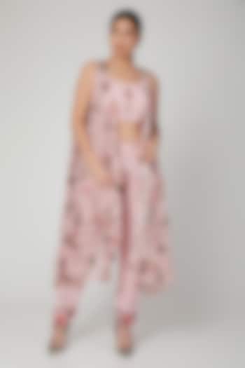 Blush Pink Leaf Printed Bustier With Pants & Cape by Adah at Pernia's Pop Up Shop