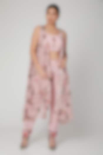 Blush Pink Leaf Printed Bustier With Pants & Cape by Adah