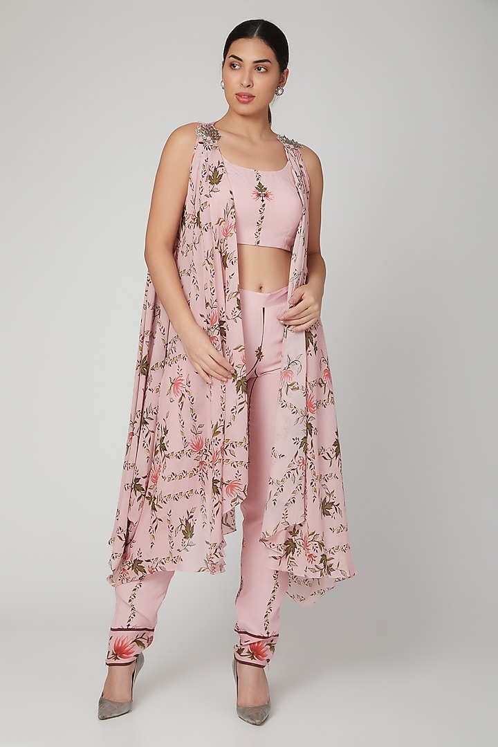 Blush Pink Leaf Printed Bustier With Pants & Cape by Adah at Pernia's Pop Up Shop