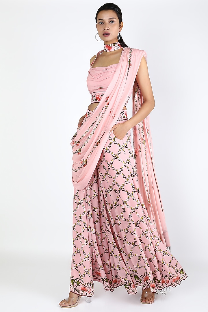 Blush Pink Printed Pant Saree Set by Adah