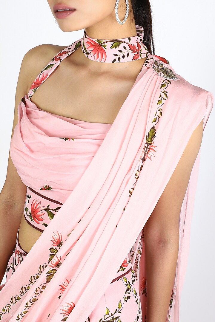 Blush Pink Printed Pant Party Wear Saree Set by Adah at Pernia's Pop Up Shop