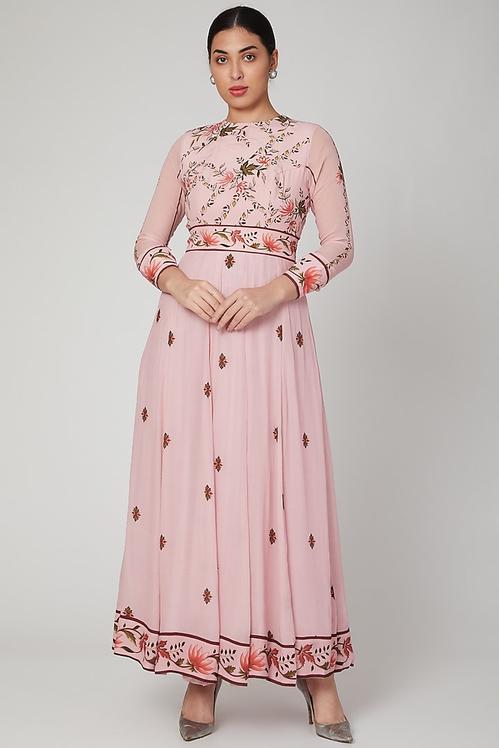 Blush Pink Crepe Embroidered & Printed Anarkali Set by Adah