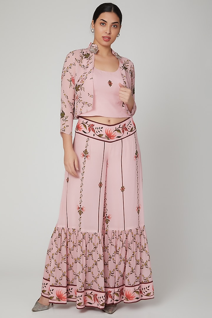 Blush Pink Printed & Embroidered Sharara Set by Adah