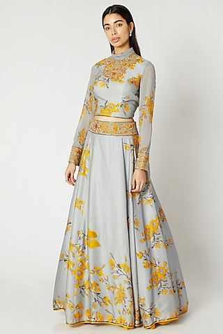 Grey & Yellow Printed Embroidered Crop Top With Skirt by Adah
