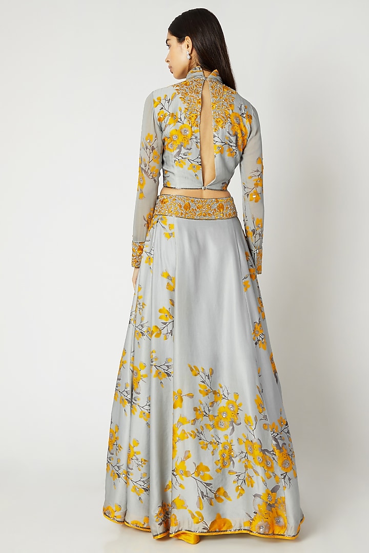 Grey & Yellow Printed Embroidered Crop Top With Skirt by Adah at Pernia's Pop Up Shop