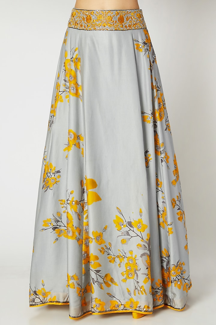 Grey & Yellow Printed Embroidered Crop Top With Skirt by Adah at Pernia's Pop Up Shop