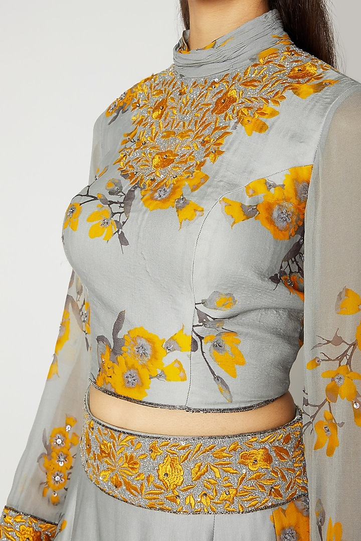 Grey & Yellow Printed Embroidered Crop Top With Skirt by Adah at Pernia's Pop Up Shop