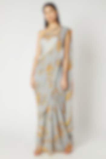 Grey & Yellow Printed Embroidered Draped Wedding Saree Set by Adah at Pernia's Pop Up Shop