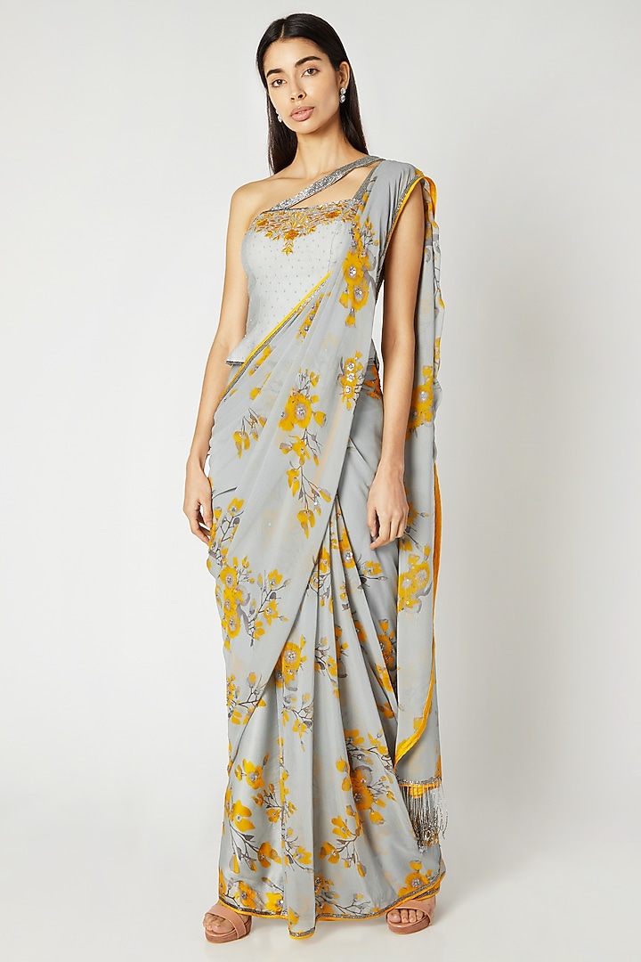Grey & Yellow Printed Embroidered Draped Wedding Saree Set by Adah at Pernia's Pop Up Shop