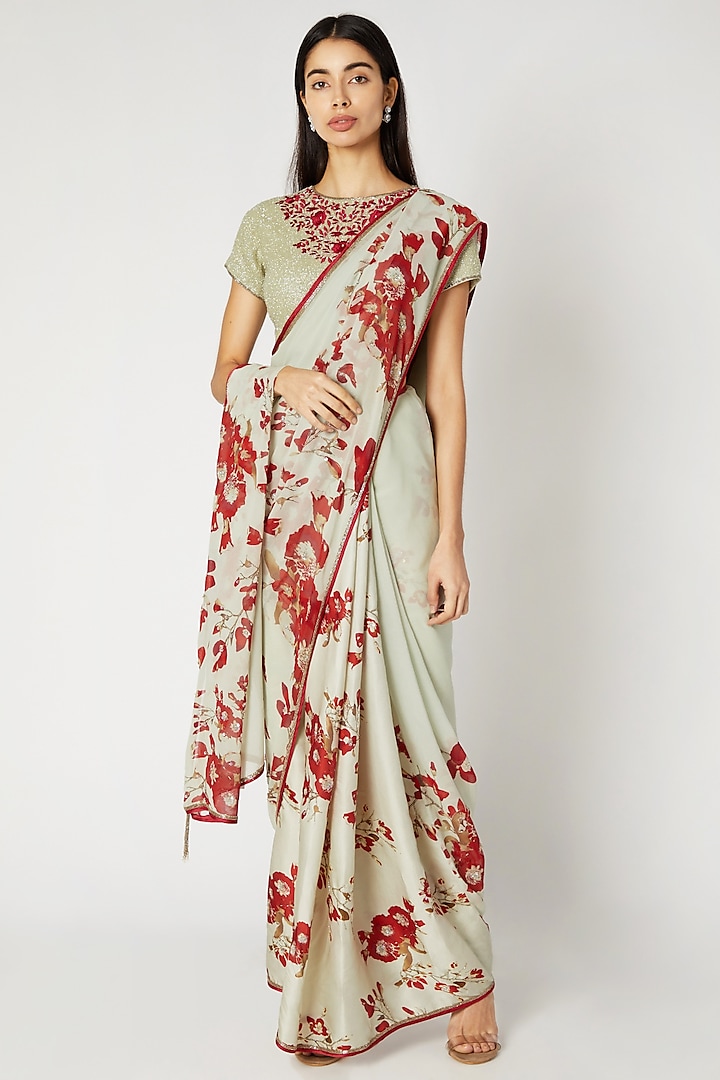 Mint Green & Red Printed Embroidered Saree Set by Adah