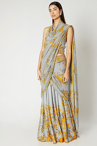 Grey & Yellow Printed Embroidered Pant Saree Set by Adah
