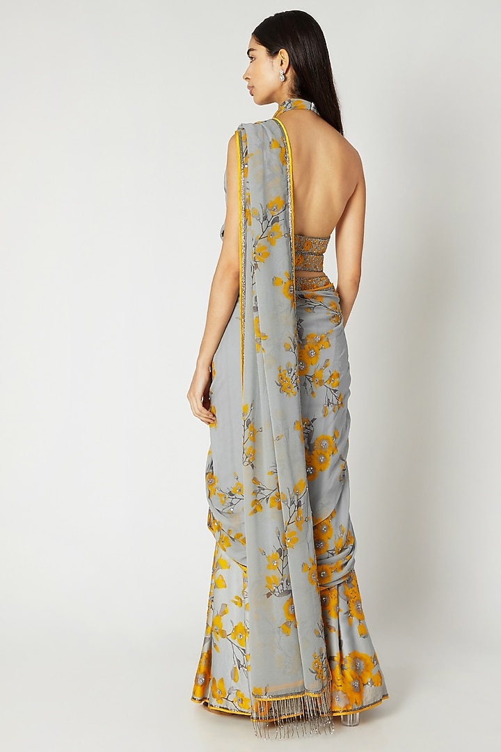 Grey & Yellow Printed Embroidered Pant Wedding Saree Set by Adah at Pernia's Pop Up Shop