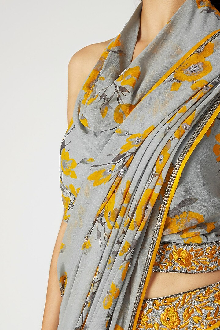 Grey & Yellow Printed Embroidered Pant Wedding Saree Set by Adah at Pernia's Pop Up Shop