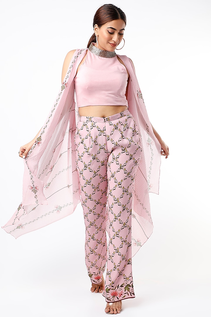 Pink Floral Printed Pant Set by Adah