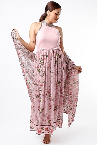 Pink Cutdana Embroidered Anarkali Set by Adah