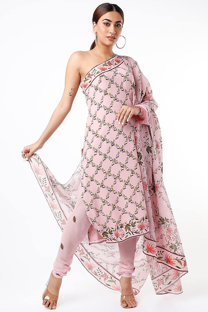 Pink Embroidered One-Shoulder Kurta Set by Adah