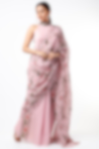 Pink Floral Printed Pleated Saree Set by Adah