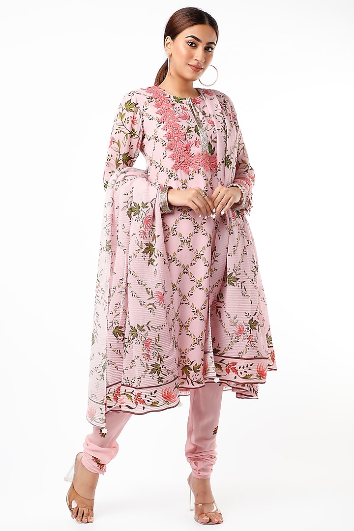 Pink Floral Printed & Embroidered Kurta Set by Adah
