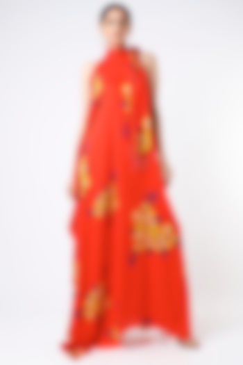 Red Floral Printed Maxi Dress by Adah
