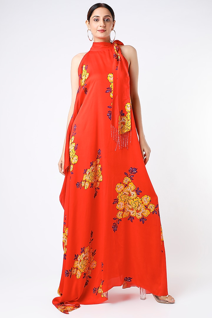 Red Floral Printed Maxi Dress by Adah