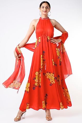 Red Floral Printed Anarkali Set by Adah
