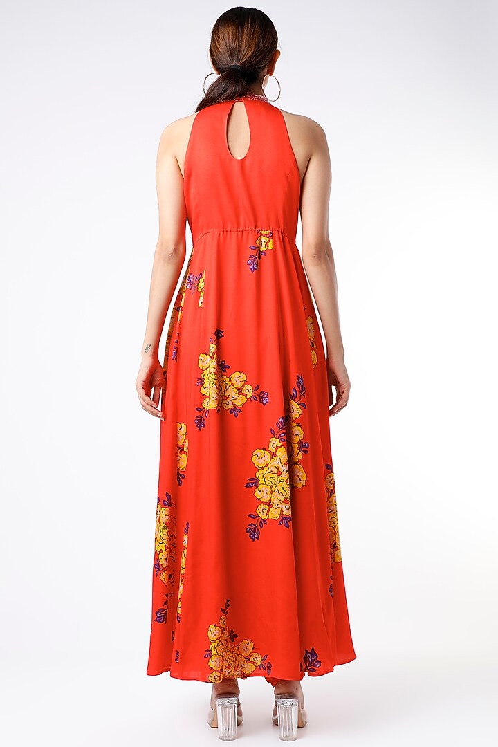 Red Floral Printed Party Wear Anarkali Set by Adah at Pernia's Pop Up Shop
