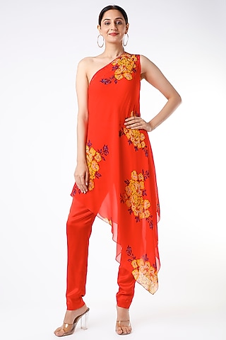 Red Floral Printed High-Low Kurta Set by Adah